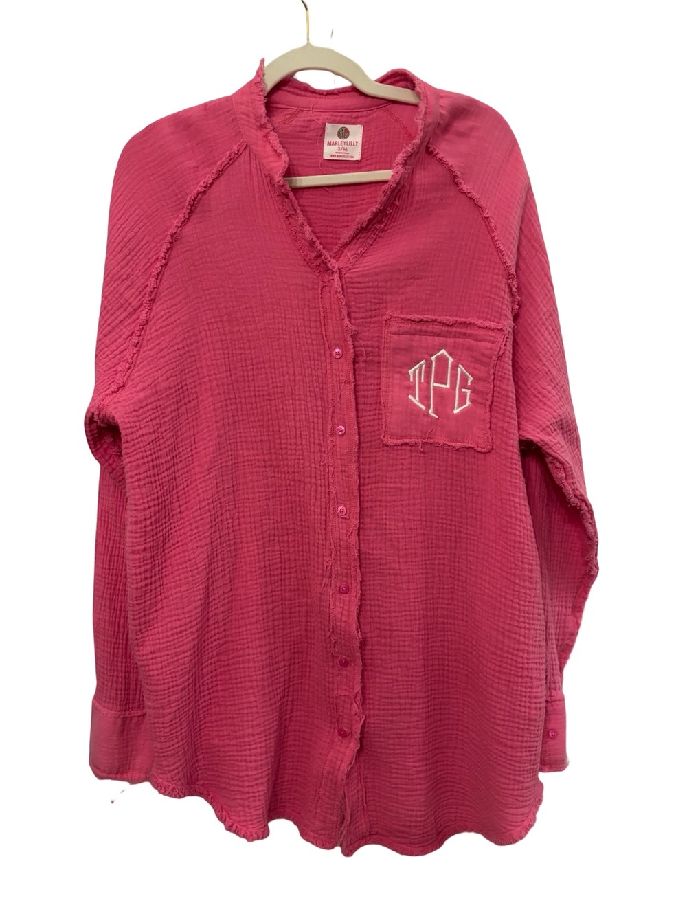 MarleyLilly Pink Button-Front Coastal Gauze Preppy Resort Long Sleeve Shirt S/M